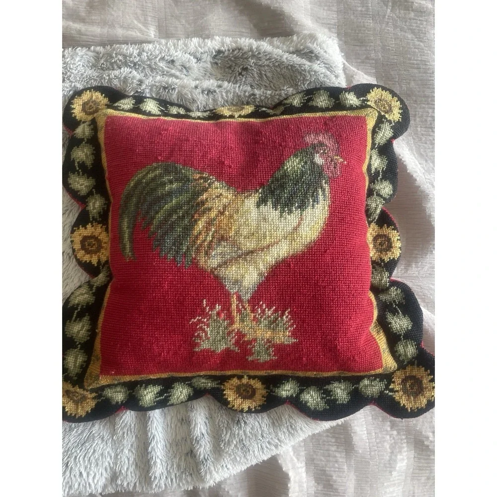 Needlepoint Rooster Throw Pillow French Country Zipper Closure Farm House Floral